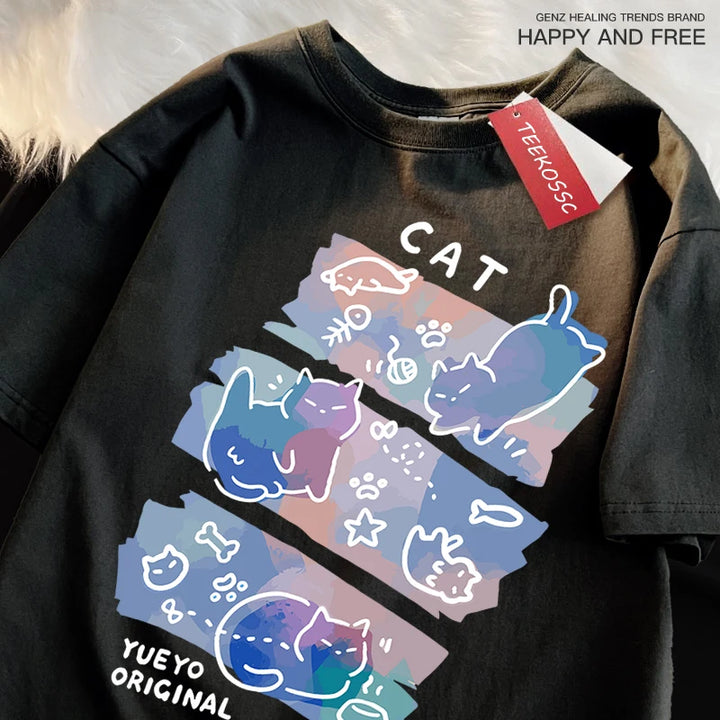 Fun Mischievous Cat Print Japanese Style T-Shirts