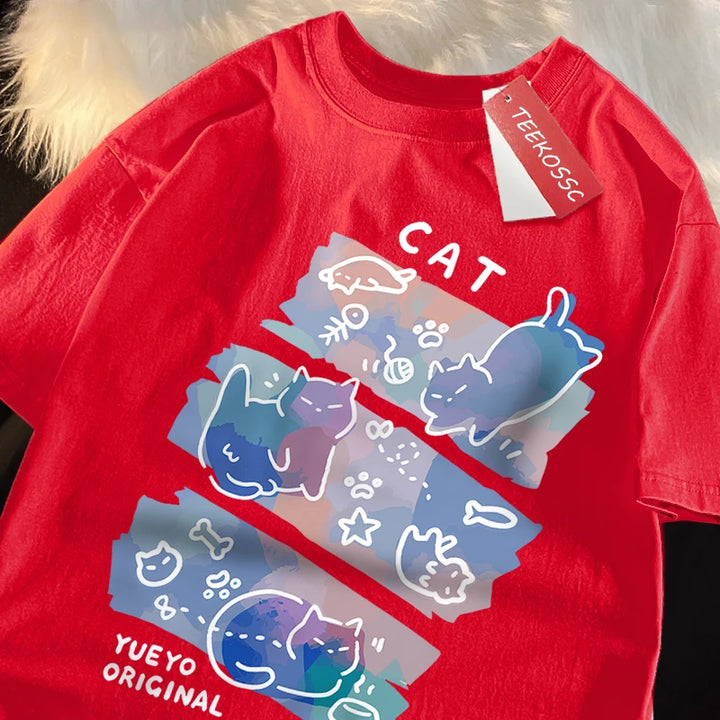 Fun Mischievous Cat Print Japanese Style T-Shirts