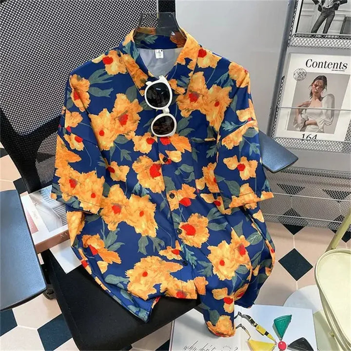 Summer couple comfortable polyester fiber 3D printed shirt Hawaii trendy men's short sleeved top