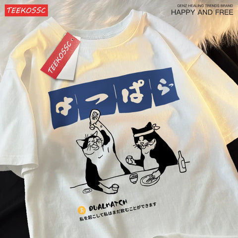 Harajuku Japanese Cat Drinking T-Shirt Street Summer