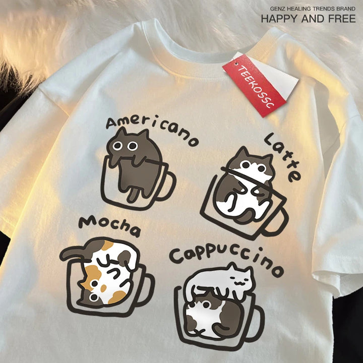 American Summer Style Coffee Cat Print T-Shirts