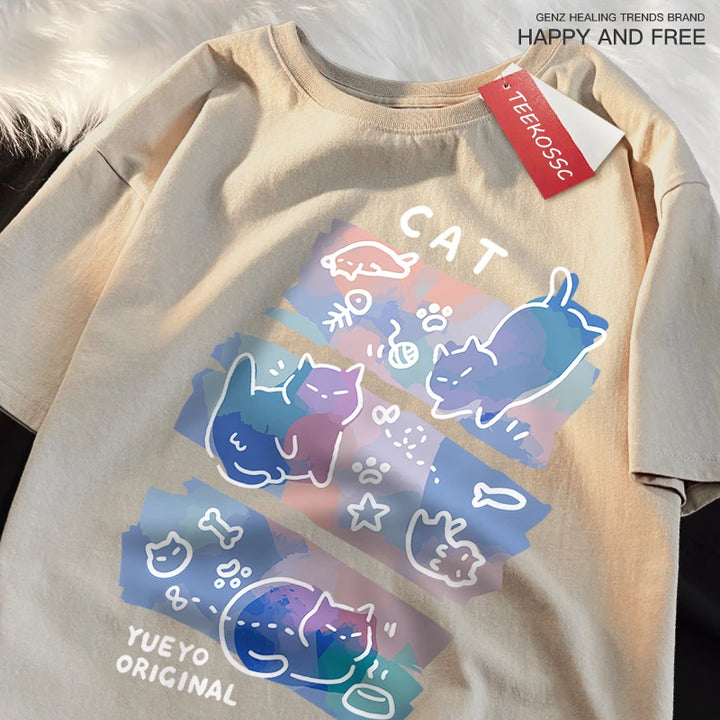 Fun Mischievous Cat Print Japanese Style T-Shirts