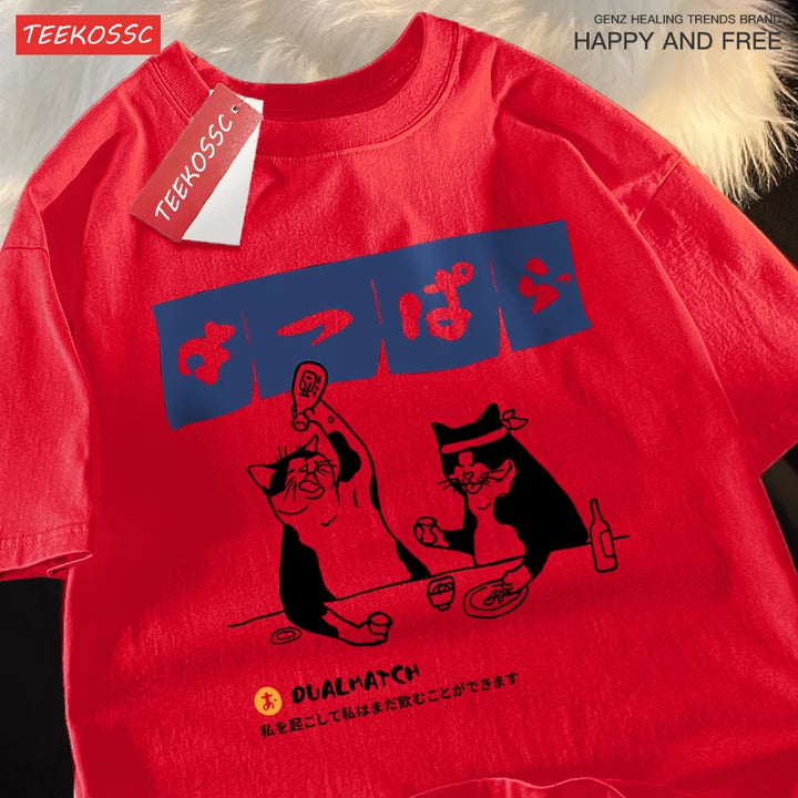 Harajuku Japanese Cat Drinking T-Shirt Street Summer