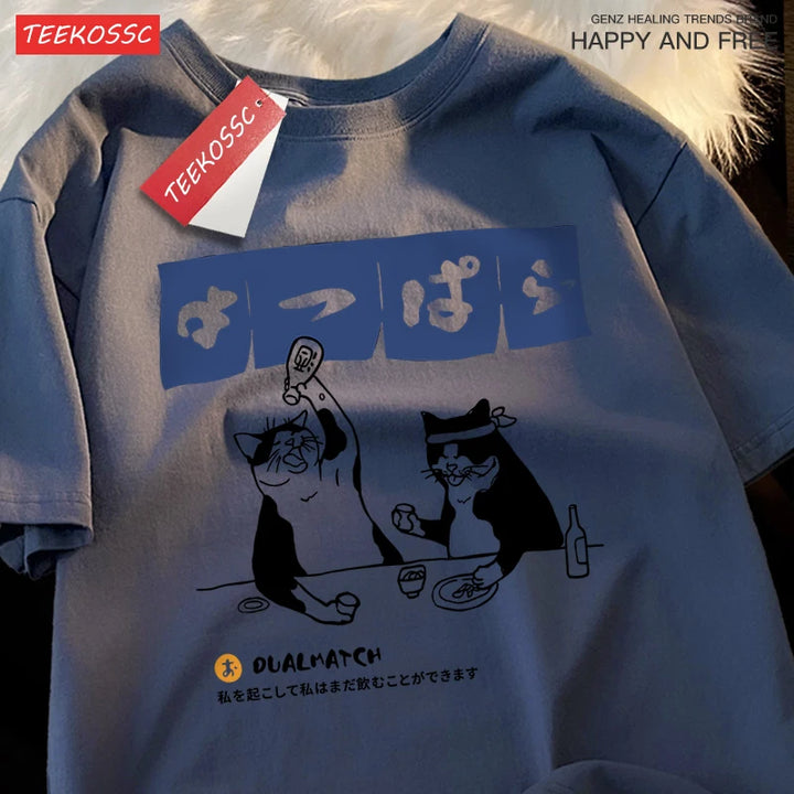 Harajuku Japanese Cat Drinking T-Shirt Street Summer