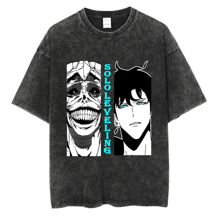 Japanese Anime Solo Leveling Print Vintage Washed Tshirt