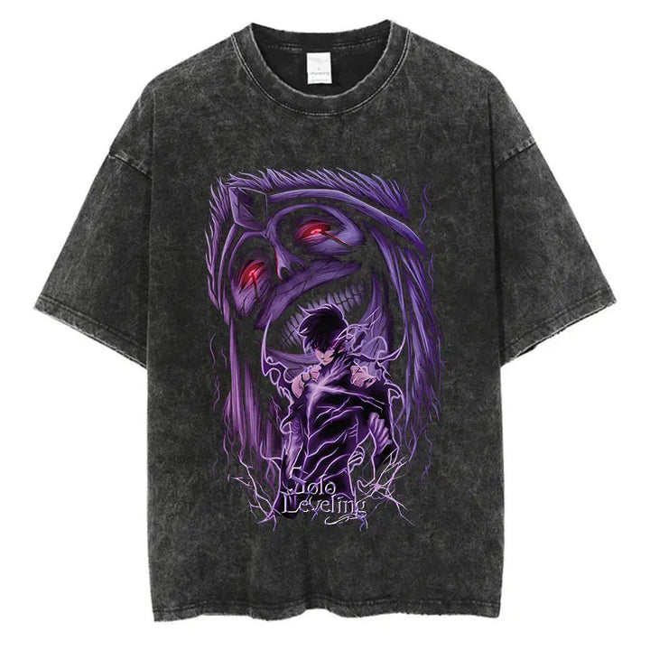 Japanese Anime Solo Leveling Print Vintage Washed Tshirt