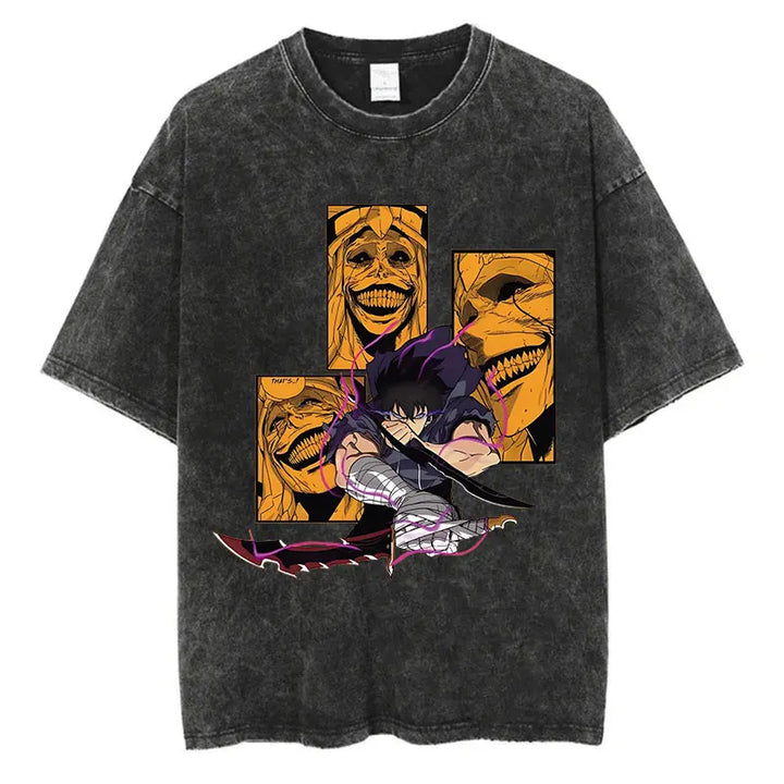 Japanese Anime Solo Leveling Print Vintage Washed Tshirt