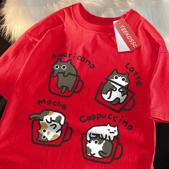 American Summer Style Coffee Cat Print T-Shirts