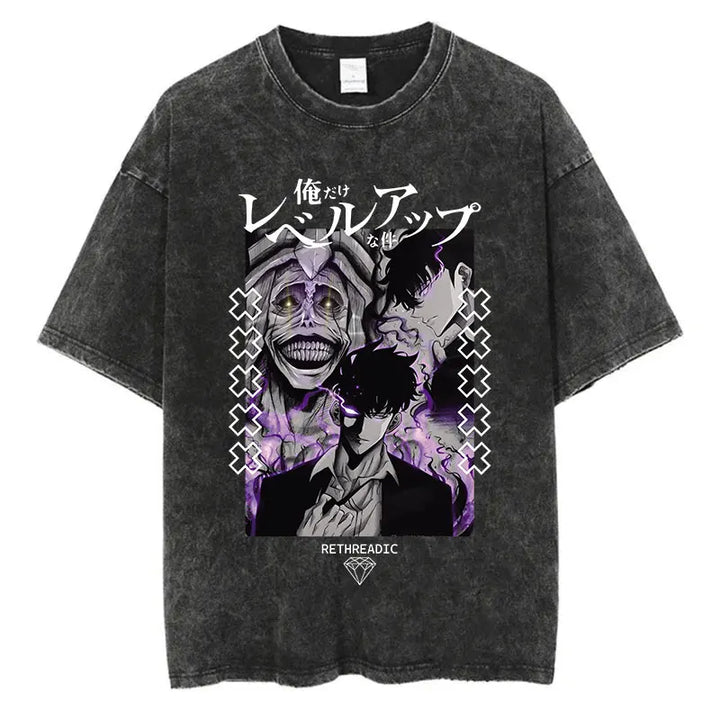 Japanese Anime Solo Leveling Print Vintage Washed Tshirt