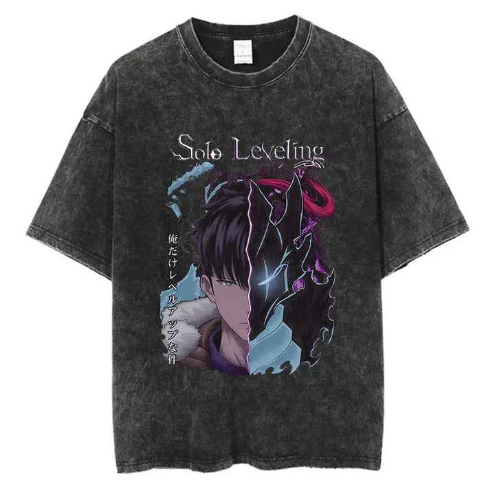 Japanese Anime Solo Leveling Print Vintage Washed Tshirt