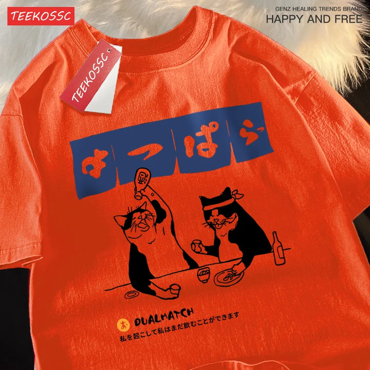 Harajuku Japanese Cat Drinking T-Shirt Street Summer