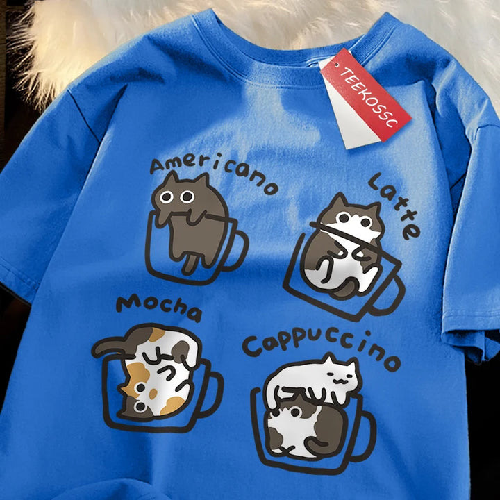 American Summer Style Coffee Cat Print T-Shirts