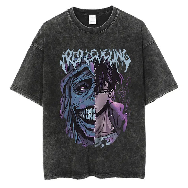Japanese Anime Solo Leveling Print Vintage Washed Tshirt