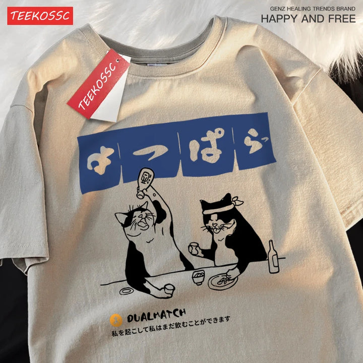 Harajuku Japanese Cat Drinking T-Shirt Street Summer