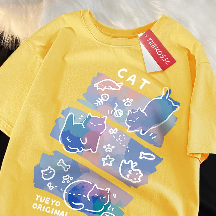 Fun Mischievous Cat Print Japanese Style T-Shirts