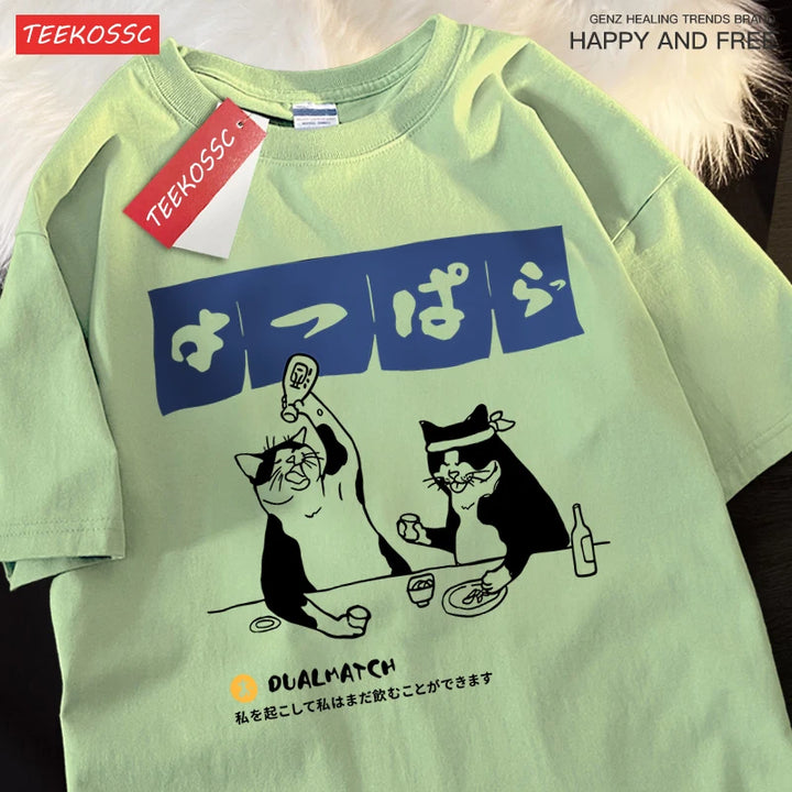 Harajuku Japanese Cat Drinking T-Shirt Street Summer