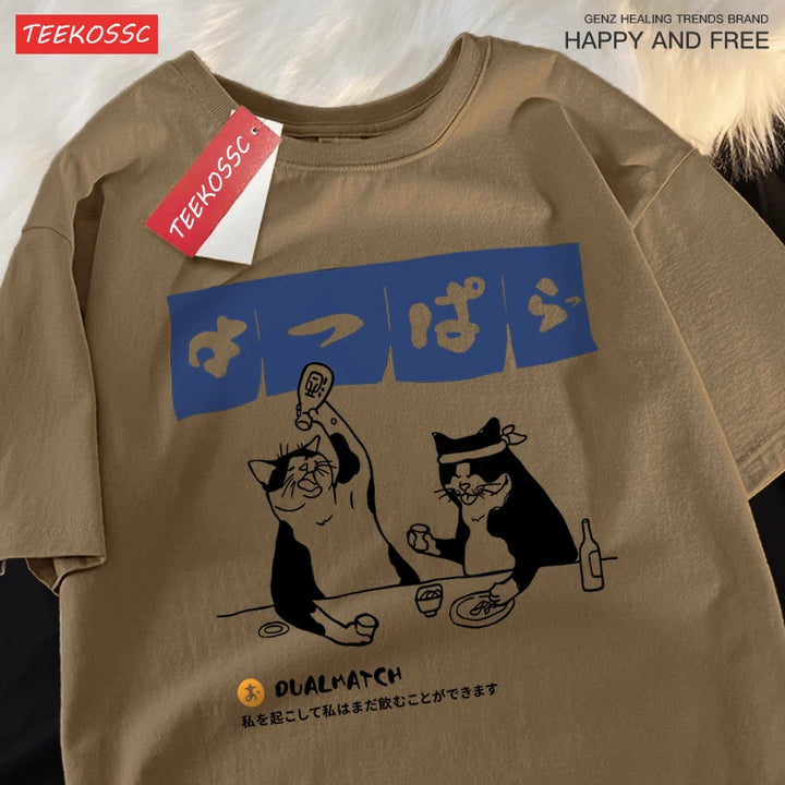 Harajuku Japanese Cat Drinking T-Shirt Street Summer