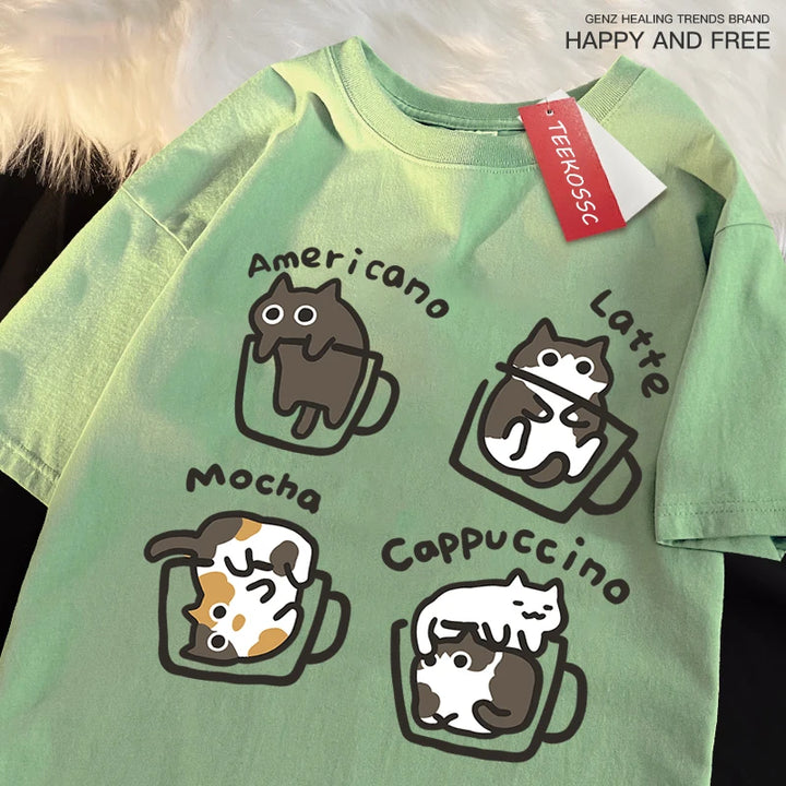 American Summer Style Coffee Cat Print T-Shirts