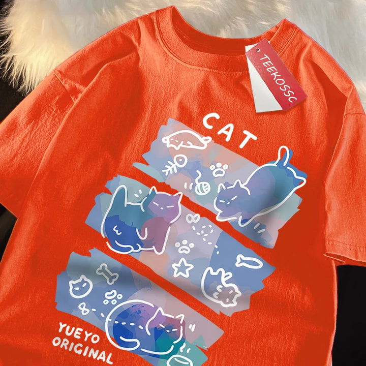 Fun Mischievous Cat Print Japanese Style T-Shirts