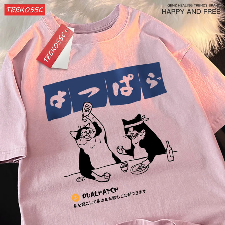 Harajuku Japanese Cat Drinking T-Shirt Street Summer