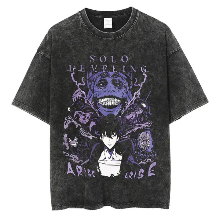 Japanese Anime Solo Leveling Print Vintage Washed Tshirt