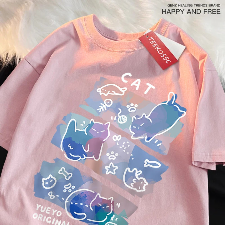 Fun Mischievous Cat Print Japanese Style T-Shirts
