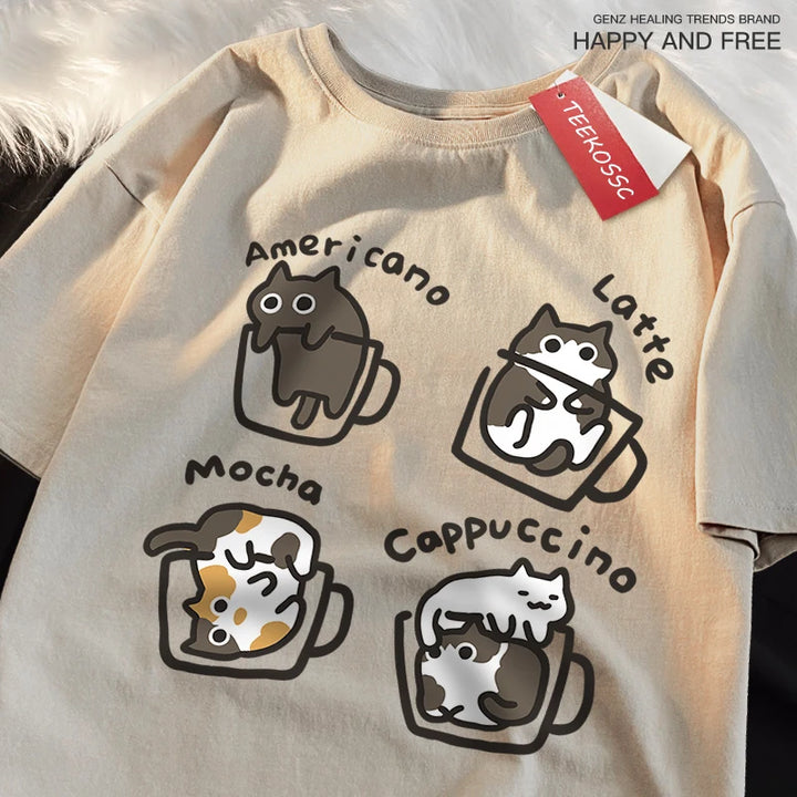 American Summer Style Coffee Cat Print T-Shirts