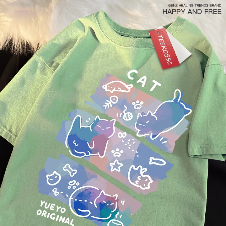 Fun Mischievous Cat Print Japanese Style T-Shirts