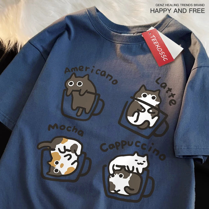 American Summer Style Coffee Cat Print T-Shirts