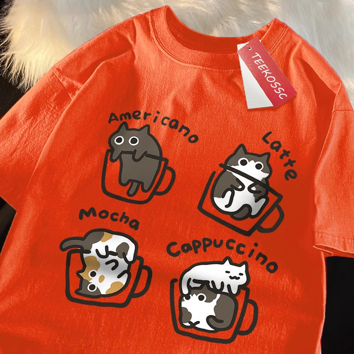 American Summer Style Coffee Cat Print T-Shirts