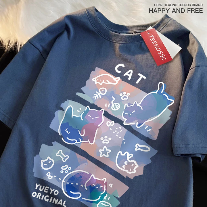 Fun Mischievous Cat Print Japanese Style T-Shirts
