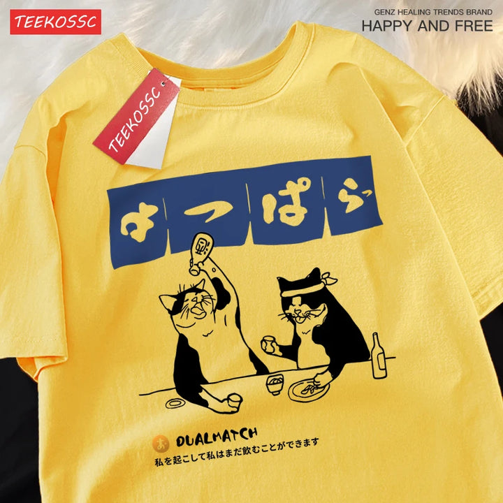 Harajuku Japanese Cat Drinking T-Shirt Street Summer