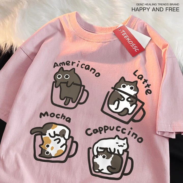 American Summer Style Coffee Cat Print T-Shirts