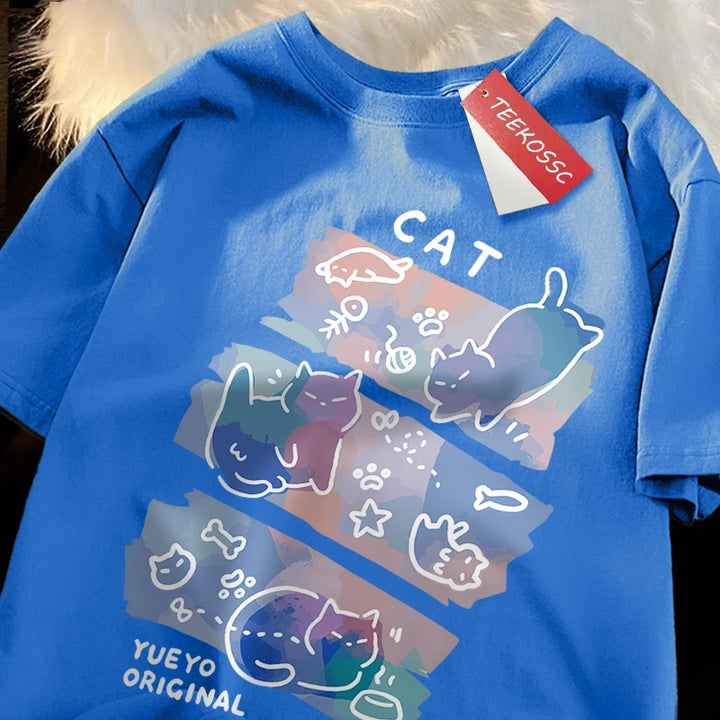 Fun Mischievous Cat Print Japanese Style T-Shirts